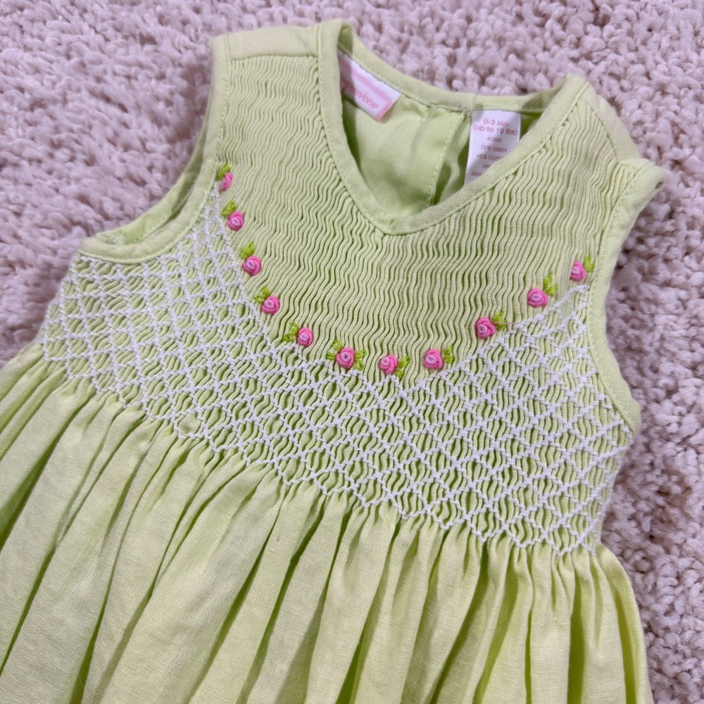 Vintage First Impressions Lime Green Smocked Linen Dress 0-3 M Cottagecore - Picture 3 of 7